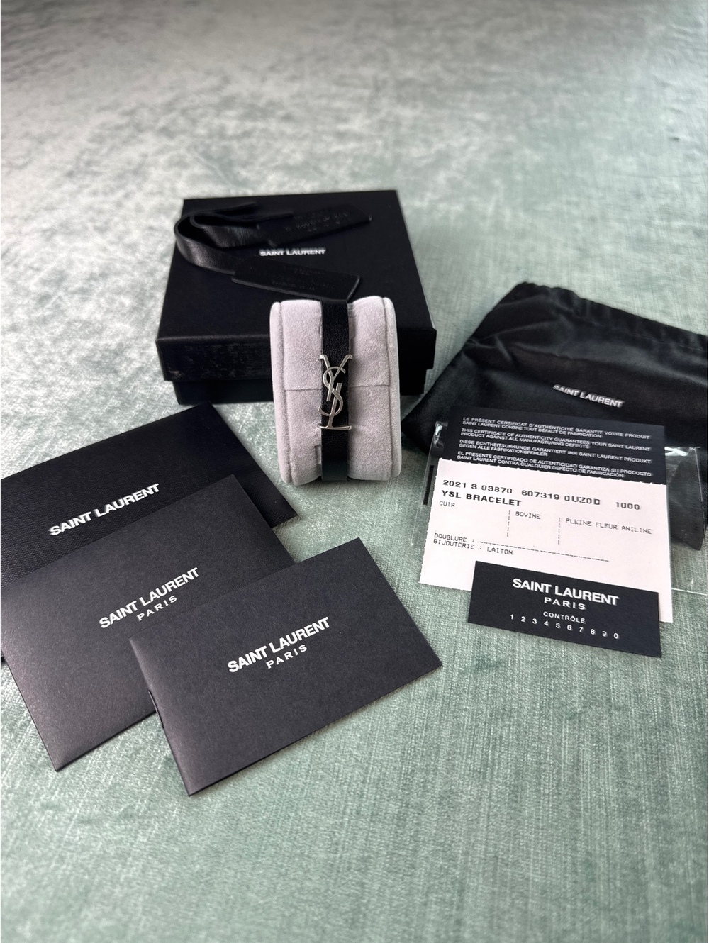 Saint Laurent YSL Opyum Black Leather Silver Logo Bracelet